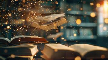 Open books levitate with golden particles in a vintage library, creating a magical scene. photo