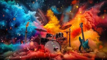 A colorful explosion of musical instruments, drums, and guitars in an artistic visual spectacle. photo