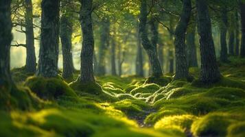 Vibrant sunlight illuminates a dense, green forest with a path winding through the moss. photo