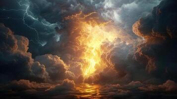 A breathtaking scene of a stormy sky filled with glowing clouds and lightning. photo
