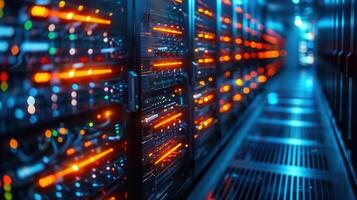 Illuminated server racks in a data center, showcasing technological advancements and data storage. photo