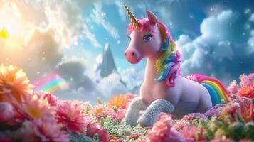 A beautiful unicorn rests in a field of flowers under a rainbow and a bright, colorful sky. photo