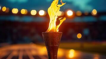 A vibrant torch with flames burning against the backdrop of an evening stadium. photo