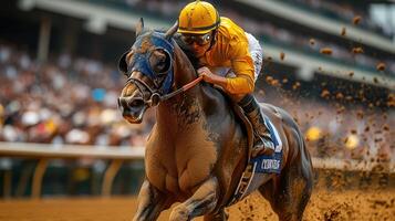 A determined jockey and horse race at high speed, striving for victory on the track. photo