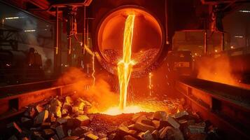 A dramatic scene of molten metal pouring from a furnace in a metal manufacturing plant. photo