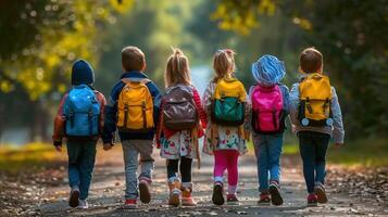 A group of kids walk away together on a path wearing colorful backpacks and looking ahead. photo