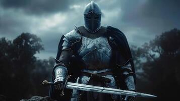 A formidable knight in full armor stands ready, holding a shining sword in a dramatic setting. photo