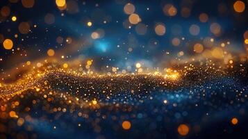 Beautiful and enchanting golden bokeh lights shimmering on a captivating blue background. photo