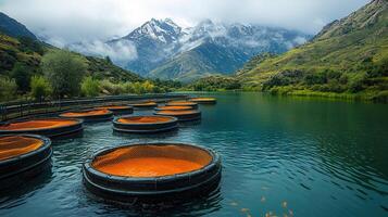 Stunning view of fish farms floating on a beautiful lake with mountains in the background. photo