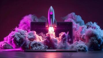 A rocket blasts off from a laptop amidst vibrant clouds, illustrating a new venture. photo