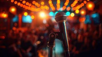 A microphone on a stand stands ready for a performance on a crowded stage, a festive background. photo