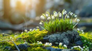 Snowdrop flowers, blooming in a mossy rock, herald the arrival of spring's gentle beauty. photo
