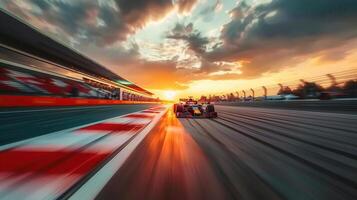 A formula 1 car races on a track at sunset, blurring in dynamic motion, showcasing speed. photo