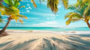 A beautiful beach with palm trees, bright turquoise ocean, and soft white sand during summer. photo