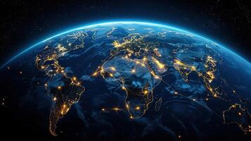 Stunning view of Earth at night, with city lights shining and global network connections. photo