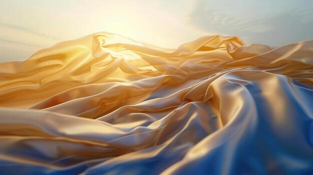 Golden silk fabric flowing gently, creating a visually stunning display of texture and light. photo