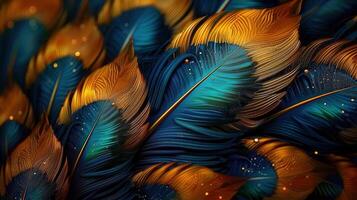 A stunning artistic rendering of elegant, shimmering gold and teal colored feathers. photo