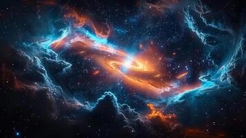 A captivating image revealing a stunning galaxy filled with bright stars and swirling nebulae in space. photo