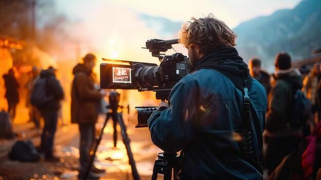 A cinematographer at work, capturing a scene with his camera on a tripod. photo