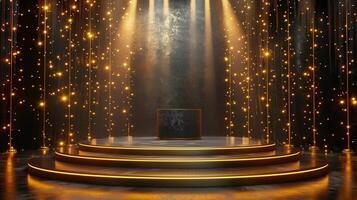 A stunning golden-lit stage is ready for a presentation or awards with a captivating atmosphere. photo