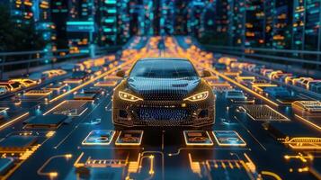 A sleek, self-driving car seamlessly navigates a digital road, representing the future of transport. photo