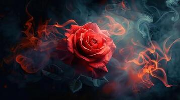 A stunning close-up of a vibrant red rose enveloped in swirling smoke and a dark backdrop. photo