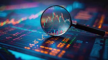 Magnifying glass over stock market charts, highlighting data and financial trends for analysis. photo