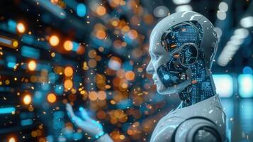 An advanced robot interacts with an energetic display of digital information and technology. photo