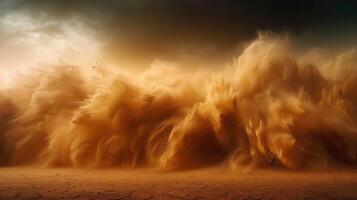 A dramatic sandstorm billows across a vast desert landscape, creating a breathtaking scene. photo