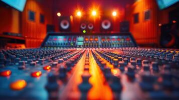 Detailed view of a mixing console in a professional recording studio with warm lighting. photo