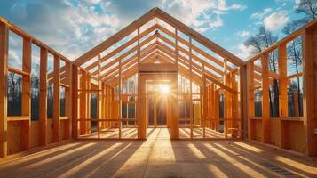A house under construction, showing the wooden frame with sunlight beaming through. photo