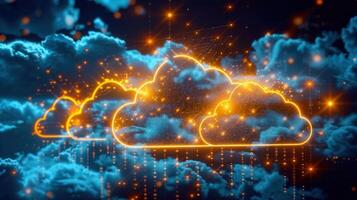 Beautiful cloud computing concept design with glowing golden outlines and a dark sky. photo