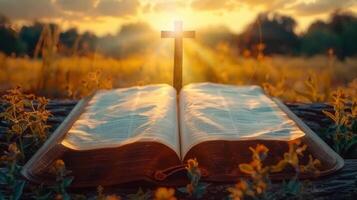 A bible lies open before a cross, set in a field with a beautiful, glowing sunset. photo