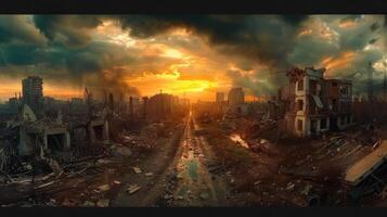 Panoramic view of a ruined city after a devastating event under a dramatic, fiery sunset. photo