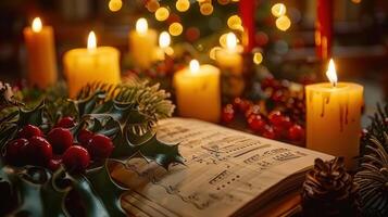 Glowing candles and sheet music create a warm and festive Christmas atmosphere. photo