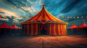 A striking view of a colorful circus tent set against a dark, cloudy sky backdrop. photo