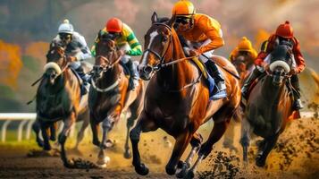 Dynamic shot of a horse race featuring several horses and their jockeys competing for victory. photo