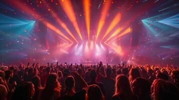 Energetic crowd enjoys a concert with vibrant lights illuminating the stage and surroundings. photo