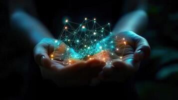 A pair of hands cupping a glowing network of digital connections in a dark setting. photo