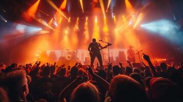 Energetic band playing to a packed crowd with dynamic lighting at a live music concert. photo