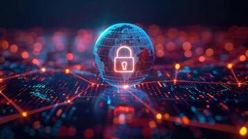 The digital globe with a lock, representing global network security and data protection. photo