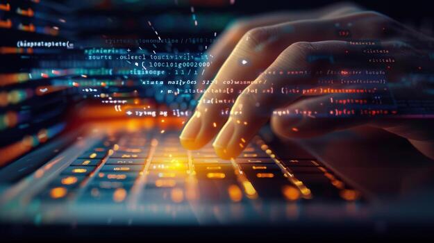 Hands typing on a laptop keyboard, digital code flowing around the keys, in a tech scene. photo