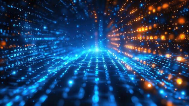 dinámica digital datos corriente visualizado con luminoso azul y naranja ligero efectos foto