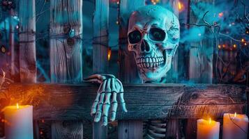 A chilling halloween scene features a skeletal figure behind a wooden fence with lit candles. photo