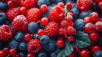 A beautiful composition of juicy, fresh, and ripe raspberries, red currants, and blueberries. photo