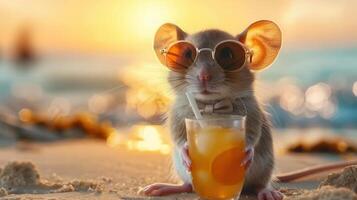 A fashionable mouse relaxes on the beach at sunset, enjoying a cool drink with sunglasses. photo