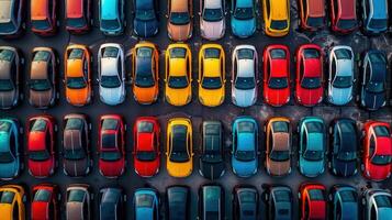 A high-angle view captures a meticulously organized array of colorful cars in a parking lot. photo