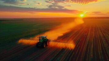 A green tractor spraying crops in a field during a beautiful and colorful sunset. photo