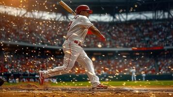 A baseball player is in the middle of a swing, ready to strike the ball at the game. photo