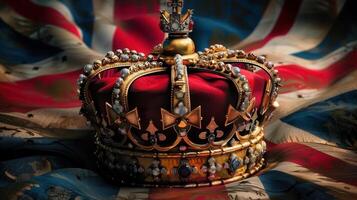 Stunning detail of a regal crown with sparkling jewels set against the Union Jack flag. photo